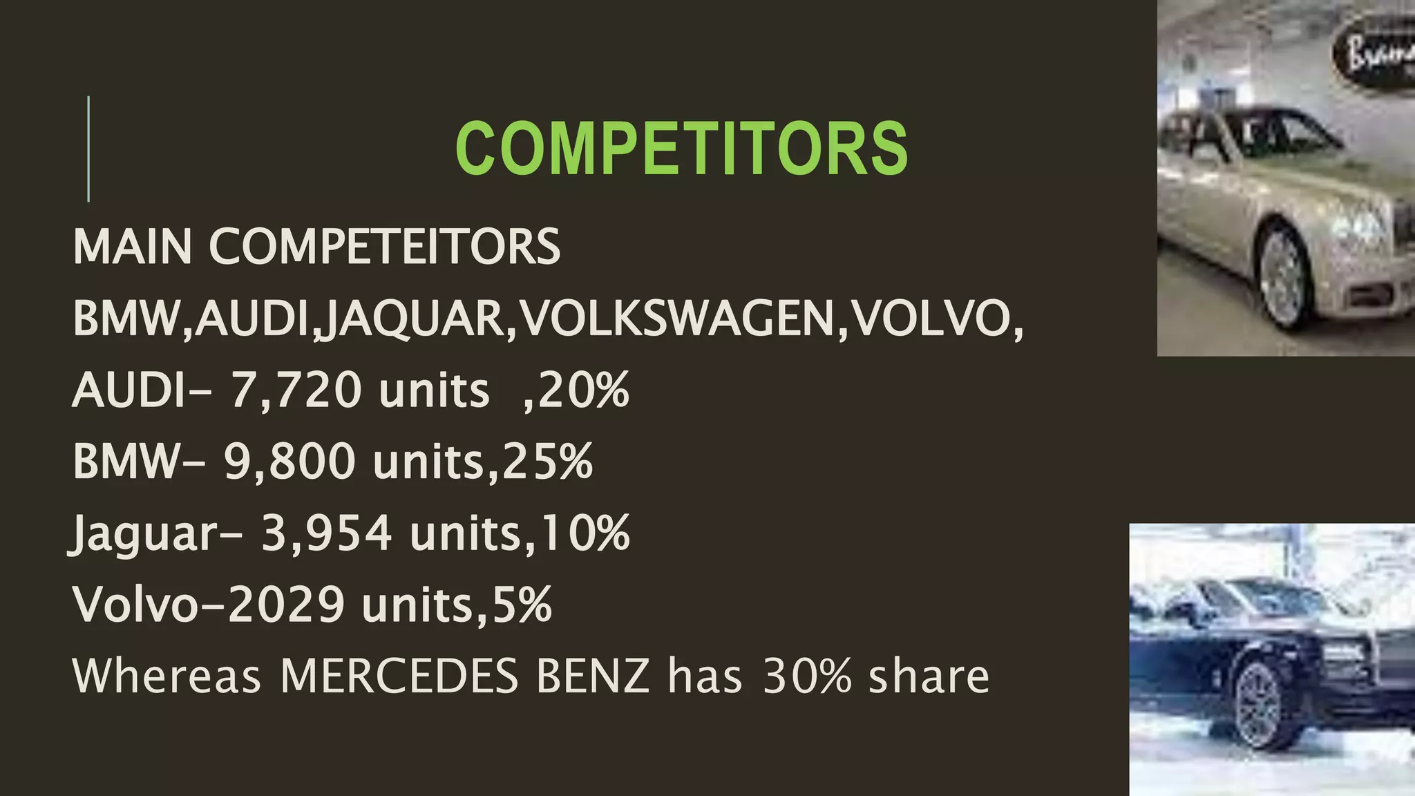 COMPETITORS
MAIN COMPETEITORS
BMW,AUDI,JAQUAR,VOLKSWAGEN,VOLVO,
AUDI- 7,720 units ,20%
BMW- 9,800 units,25%
Jaguar- 3,954 units,10%
Volvo-2029 units,5%
Whereas MERCEDES BENZ has 30% share
 