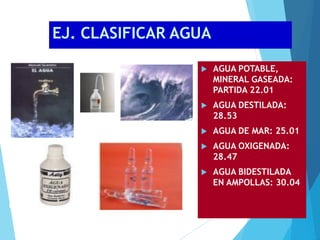 EJ. CLASIFICAR AGUA
 AGUA POTABLE,
MINERAL GASEADA:
PARTIDA 22.01
 AGUA DESTILADA:
28.53
 AGUA DE MAR: 25.01
 AGUA OXIGENADA:
28.47
 AGUA BIDESTILADA
EN AMPOLLAS: 30.04
 