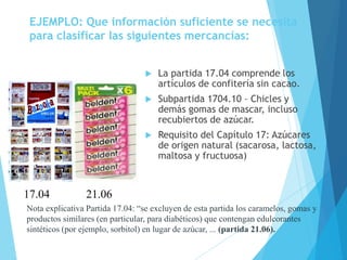 EJEMPLO: Que información suficiente se necesita
para clasificar las siguientes mercancías:
 La partida 17.04 comprende los
artículos de confitería sin cacao.
 Subpartida 1704.10 – Chicles y
demás gomas de mascar, incluso
recubiertos de azúcar.
 Requisito del Capítulo 17: Azúcares
de origen natural (sacarosa, lactosa,
maltosa y fructuosa)
Nota explicativa Partida 17.04: “se excluyen de esta partida los caramelos, gomas y
productos similares (en particular, para diabéticos) que contengan edulcorantes
sintéticos (por ejemplo, sorbitol) en lugar de azúcar, ... (partida 21.06).
17.04 21.06
 