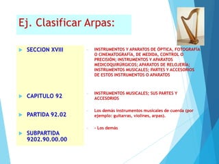 Ej. Clasificar Arpas:
 SECCION XVIII
 CAPITULO 92
 PARTIDA 92.02
 SUBPARTIDA
9202.90.00.00
 INSTRUMENTOS Y APARATOS DE ÓPTICA, FOTOGRAFÍA
O CINEMATOGRAFÍA, DE MEDIDA, CONTROL O
PRECISIÓN; INSTRUMENTOS Y APARATOS
MEDICOQUIRÚRGICOS; APARATOS DE RELOJERÍA;
INSTRUMENTOS MUSICALES; PARTES Y ACCESORIOS
DE ESTOS INSTRUMENTOS O APARATOS
 INSTRUMENTOS MUSICALES; SUS PARTES Y
ACCESORIOS
 Los demás instrumentos musicales de cuerda (por
ejemplo: guitarras, violines, arpas).
 - Los demás
 