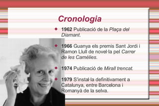 Cronologia 1962  Publicació de la  Plaça del Diamant. 1966  Guanya els premis Sant Jordi i Ramon Llull de novel·la pel  Carrer de les Camèlies. 1974  Publicació de  Mirall trencat. 1979  S'instal·la definitivament a Catalunya, entre Barcelona i Romanyà de la selva. 