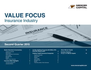 VALUE FOCUS
Insurance Industry
www.mercercapital.com
Sector Overview & Commentary	 1
Property  Casualty	 1
Reinsurance	1
Sector Overview  Commentary	 2
Life  Health	 2
Managed Care	 2
Brokers	2
Claims, Tech  Services	 2
Insurance MA Highlights	 3
Insurance Underwriters	 3
Insurance Brokers	 3
Conifer Holdings Proposes $55 Million IPO:
First IPO Filing of 2015	 4
Publicly Traded Insurance Companies	5
Property  Casualty	 5
Reinsurance	8
Multiline	8
Life  Health	 9
Managed Care	 10
Brokers	11
Third Party Claims, Tech  Services	 11
About Mercer Capital	 12
Erickson Partners
Merges with Mercer Capital	 13
Second Quarter 2015
 