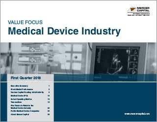 VALUE FOCUS
Medical Device Industry
First Quarter 2018
BUSINESS VALUATION &
FINANCIAL ADVISORY SERVICES
www.mercercapital.com
Executive Summary	 1
Stock Market Performance	 2
Venture Capital Funding  Exit Activity	 8
Medical Device IPOs 10
Select Operating Metrics	 13
Transactions	 14
Five Trends to Watch in the
Medical Device Industry	 20
Public Medical Device Companies	 33
About Mercer Capital	 39
 