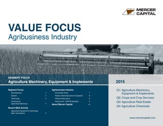 Segment Focus 	
Manufacturers	1
Dealers	2
Technology	3
Financing for
Agricultural Machinery	 4
Recent MA Activity	
Agricultural Equipment  Technology
Major Transactions	 5
Agribusiness Industry	
Commodity Prices	 7
Publicly Traded Agriculture Companies	8
Indices Performance 	 9
Historical EV / EBITDA Multiples	 9
About Mercer Capital	 10
Q1: Agriculture Machinery, 	
	 Equipment  Implements	
Q2: Crops and Crop Services
Q3: Agriculture Real Estate	
Q4: Agriculture Chemicals
SEGMENT FOCUS
Agriculture Machinery, Equipment  Implements 2015
www.mercercapital.com
VALUE FOCUS
Agribusiness Industry
 