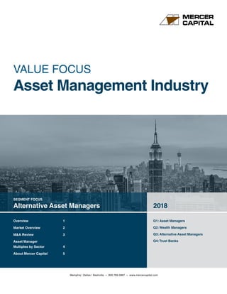 SEGMENT FOCUS
Alternative Asset Managers 2018
Q1: Asset Managers
Q2: Wealth Managers
Q3: Alternative Asset Managers
Q4:Trust Banks
VALUE FOCUS
Asset Management Industry
Overview	 1
Market Overview	 2
MA Review	 3
Asset Manager
Multiples by Sector	 4
About Mercer Capital	 5
Memphis | Dallas | Nashville » 800.769.0967 » www.mercercapital.com
 