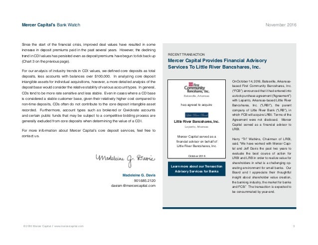 Mercer Capital S Bank Watch November 2016 Core Deposit Intangible