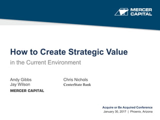 How to Create Strategic Value
in the Current Environment
Acquire or Be Acquired Conference
January 30, 2017 | Phoenix, Arizona
Andy Gibbs Chris Nichols
Jay Wilson CenterState Bank
MERCER CAPITAL
 