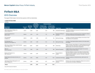 © 2015 Mercer Capital // www.mercercapital.com // Source: SNL Financial 8
Mercer Capital’s Value Focus: FinTech Industry Third Quarter 2015
FinTech MA
2015 Overview
The largest FinTech deals in the first three quarters of 2015 are listed below.
Deal Value
(Reported)
$M
Deal Value,
Including Debt
Assumption
(Reported)
$M
Valuation Multiples
Buyer Name/
Target Name
Announce
Date
Total Ent. Value
(i.e., DV, Including
Debt) / Revenue
Total Ent. Value
(i.e., DV, Including
Debt) / EBITDA Target Niche Target Description
SSC Technologies Holdings, Inc./
Advent Software, Inc.
2/2/15 2,456 2,661 3.40 NM Investments Technology
A provider of software and services for the global investment
management industry
Lexmark International Inc./
Kofax Limited
3/24/15 1,014 1,014 7.31 NM
Processing Software 
Hardware
Provider of capture and business process management software
and related maintenance and professional services
DH Corporation/
Fundtech Ltd.
3/30/15 1,250 1,250 4.76 NA Banking Technology
A provider of transaction banking software and services to finan-
cial institutions and corporations
Cox Enterprises, Inc./
Dealertrack Technologies, Inc.
6/15/15 4,001 4,709 11.12 NA Banking Technology
A provider of web based software solutions to the retail automo-
tive industry
Willis Group Holdings Public Limited Company/
Towers Watson  Co.
6/30/15 8,647 8,829 6.76 NM Outsourcing
Merger of Equals; Towers Watson is a global professional services
company that helps organizations improve performance through
effective people, risk and financial management
eBay Inc./
Xoom Corporation
7/1/15 1,226 1,226 4.97 NM Payment Processors
A digital transfer money provider that targets US consumers
needing to transfer money abroad
McGraw Hill Financial, Inc./
SNL Financial LC
7/27/15 2,225 2,491 5.48 15.40
Financial Media 
Content
Business intelligence company that collects and disseminates
data and focuses its research on the banking, financial services,
media and communications, insurance, real estate, energy and
metals  mining sectors
Fidelity National Information Services, Inc./
SunGard
8/12/15 5,195 9,864 2.43 11.63 Investments Technology
Provider of solutions for financial services, public sector and
education
Vista Equity Partners Management, LLC/
Solera Holdings, Inc.
9/13/15 3,766 6,248 3.47 13.55
Insurance/Healthcare
Solutions
Provider of risk and asset management software and services to
the automotive and property marketplace
Median 2,456 2,661 4.97 13.55
Source: SNL Financial and Capital IQ
Largest FinTech MA
YTD 2015
 