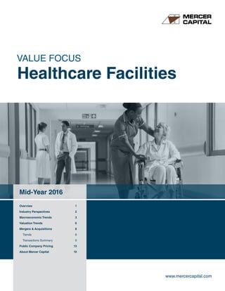 VALUE FOCUS
Healthcare Facilities
Mid-Year 2016
Overview	 1
Industry Perspectives	 2
Macroeconomic Trends	 3
Valuation Trends	 6
Mergers  Acquisitions 	 8
Trends	 8
Transactions Summary	 9
Public Company Pricing	 13
About Mercer Capital	 19
www.mercercapital.com
 