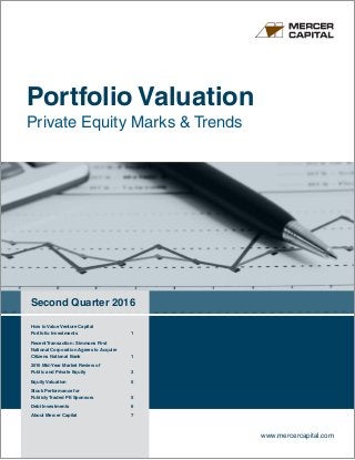 Portfolio Valuation
Private Equity Marks & Trends
Second Quarter 2016
www.mercercapital.com
How to Value Venture Capital
Portfolio Investments	 1
Recent Transaction: Simmons First
National Corporation Agrees to Acquire
Citizens National Bank	 1
2016 Mid-Year Market Review of
Public and Private Equity	 3
Equity Valuation	 5
Stock Performance for
Publicly Traded PE Sponsors	 5
Debt Investments	 6
About Mercer Capital	 7
 