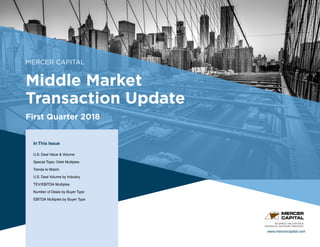 MERCER CAPITAL
Middle Market
Transaction Update
First Quarter 2018
In This Issue
U.S. Deal Value & Volume
Special Topic: Debt Multiples
Trends to Watch
U.S. Deal Volume by Industry
TEV/EBITDA Multiples
Number of Deals by Buyer Type
EBITDA Multiples by Buyer Type
www.mercercapital.com
BUSINESS VALUATION &
FINANCIAL ADVISORY SERVICES
 