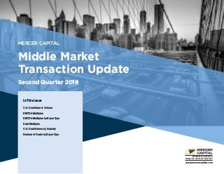 MERCER CAPITAL
Middle Market
Transaction Update
Second Quarter 2019
In This Issue
U.S. Deal Value & Volume
EBITDA Multiples
EBITDA Multiples by Buyer Type
Debt Multiples
U.S. Deal Volume by Industry
Number of Deals by Buyer Type
www.mercercapital.com
BUSINESS VALUATION &
FINANCIAL ADVISORY SERVICES
 