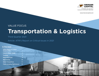 www.mercercapital.com
Second Quarter 2018
VALUE FOCUS
Transportation & Logistics
Third Quarter 2021
Article: ATRI’s Report on Critical Issues in 2021
BUSINESS VALUATION &
FINANCIAL ADVISORY SERVICES
In This Issue
ATRI’s Report on Critical
Issues in 2021 1
Industry Macro Trends	 3
Trucking 6
Rail  Intermodal	 9
MA Activity	 10
Select Transactions	 11
Public Company Performance	14
 