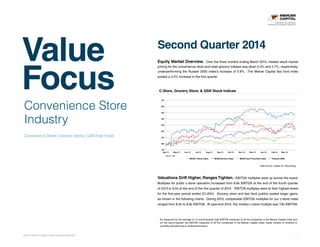 Value
Focus
© 2014 Mercer Capital // www.mercercapital.com 1
Convenience Store
Industry
Convenience Stores | Grocery Stores | QSR (Fast Food)
Second Quarter 2014
Equity Market Overview. Over the three months ending March 2014, median stock market
pricing for the convenience store and retail grocery indexes was down 5.0% and 4.7%, respectively,
underperforming the Russell 2000 index’s increase of 0.8%. The Mercer Capital fast food index
posted a 3.0% increase in the first quarter.
Valuations Drift Higher, Ranges Tighten. EBITDA multiples were up across the board.
Multiples for public c-store operators increased from 8.8x EBITDA at the end of the fourth quarter
of 2013 to 9.0x at the end of the first quarter of 2014. EBITDA multiples were at their highest levels
for the five-year period ended Q1-2014. Grocery store and fast food publics posted larger gains,
as shown in the following charts. During 2013, comparable EBITDA multiples for our c-store index
ranged from 8.0x to 8.8x EBITDA. At year-end 2012, the median c-store multiple was 7.8x EBITDA.
C-Store, Grocery Store, & QSR Stock Indices
90
100
110
120
130
140
150
160
170
Apr-13 May-13 Jun-13 Jul-13 Aug-13 Sep-13 Oct-13 Nov-13 Dec-13 Jan-14 Feb-14 Mar-14
MCM C-Store Index MCM Grocery Index MCM Food Franchise Index Russell 2000
4/1/13	
  =	
  100	
  
Data Source: Capital IQ / Bloomberg
BUSINESS VALUATION &
FINANCIAL ADVISORY SERVICES
1
	 As measured by the average of (1) end-of-quarter high EBITDA measures of all the companies in the Mercer Capital index and
(2) the end-of-quarter low EBITDA measures of all the companies in the Mercer Capital index. Travel Centers of America is
currently excluded due to underperformance.
 