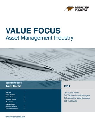 www.mercercapital.com
SEGMENT FOCUS
Trust Banks 2014
Q1: Mutual Funds
Q2: Traditional Asset Managers
Q3: Alternative Asset Managers
Q4: Trust Banks
VALUE FOCUS
Asset Management Industry
Overview	 1
Sector Analysis
2014 in Review	 2
Valuation Trends	 2
MA Review	 3
Asset Manager
Multiples by Sector	 4
About Mercer Capital	 5
 
