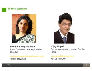 Today’s speakers




    Padmaja Alaganandan              Vijay Gopal
    India Business Leader, Human     Senior Associate, Human Capital
    Capital                          India
    padmaja.alaganandan@mercer.com   vijay.gopal@mercer.com
    +91 9741522661                   +91 9810049665

Mercer                                                                 1
 
