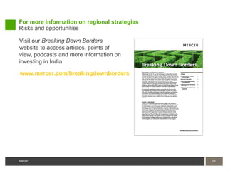 For more information on regional strategies
Risks and opportunities

Visit our Breaking Down Borders
website to access articles, points of
view, podcasts and more information on
investing in India

www.mercer.com/breakingdownborders




Mercer                                        29
 