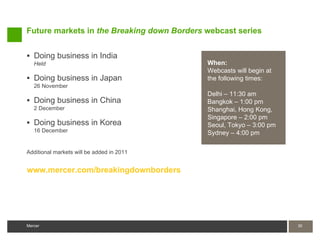 Future markets in the Breaking down Borders webcast series


 Doing business in India
   Held                                     When:
                                            Webcasts will begin at
 Doing business in Japan                   the following times:
   26 November
                                            Delhi – 11:30 am
 Doing business in China                   Bangkok – 1:00 pm
   2 December                               Shanghai, Hong Kong,
                                            Singapore – 2:00 pm
 Doing business in Korea                   Seoul, Tokyo – 3:00 pm
   16 December                              Sydney – 4:00 pm

Additional markets will be added in 2011


www.mercer.com/breakingdownborders




Mercer                                                               30
 