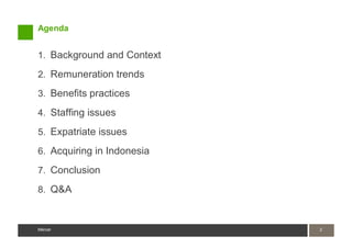 Agenda


1. Background and Context

2. Remuneration trends

3. Benefits practices

4. Staffing issues

5. Expatriate issues

6. Acquiring in Indonesia

7. Conclusion

8. Q&A



Mercer                      2
                            2
Mercer
 