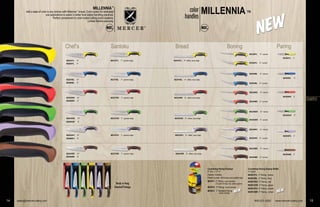 MILLENNIA™color
handles
14 sales@mercercutlery.com
M22608YL 8"
M22608BL 8"
M22608RD 8"
M22608GR 8"
M22608PU 8"
M22608BR 8"
STAMPED
Countertop Paring Displays
6" Dia. x 13" H
Display includes:
Plastic bucket, 48 knives and paddle sign
M23911 3" Paring –color-handles
(12 each of blue, red, yellow, green)
M23910 3" Paring –black-handles
M23913 3" Serrated Paring
–black-handles
'Ready to Hang'
Clamshell Package
Countertop Paring Display Refills
12 count
M23912YL 3" Paring –yellow
M23912BL 3" Paring –blue
M23912RD 3" Paring –red
M23912GR 3" Paring –green
M23912PU 3" Paring –purple
M23912BR 3" Paring –brown
Chef’s Santoku Bread Boning Paring
M22610GR 10" M22707GR 7" –granton edge M22418GR 8" –offset, wavy edge
M22610PU 10" M22707PU 7" –granton edge M22418PU 8" –offset, wavy edge
M22610BR 10" M22707BR 7" –granton edge M22418BR 8" –offset, wavy edge
M22610BL 10" M22707BL 7" –granton edge M22418BL 8" –offset, wavy edge
M22610RD 10" M22707RD 7" –granton edge M22418RD 8" –offset, wavy edge
M22610YL 10" M22707YL 7" –granton edge M22418YL 8" –offset, wavy edge
M22206YL 6" –narrow
M23820YL 6" –curved
M22206BL 6" –narrow
M23820BL 6" –curved
M22206RD 6" –narrow
M23820RD 6" –curved
M22206GR 6" –narrow
M23820GR 6" –curved
M22206PU 6" –narrow
M23820PU 6" –curved
M22206BR 6" –narrow
M23820BR 6" –curved
M23930YL 3"
M23930BL 3"
M23930RD 3"
M23930GR 3"
M23930PU 3"
M23930BR 3"
MILLENNIA™
Add a taste of color to any kitchen with Millennia™
knives. Color-coded for dedicated
use applications to assist in better food safety handling practices.
Perfect complement to color-coded cutting board systems.
Limited lifetime warranty.
800-221-5202 www.mercercutlery.com 15
™™™™™™™™™™™™™
14 sales@mercercutlery.com
M22608YL 8"
M22608BL 8"
M22608RD 8"
M22608GR 8"
M22608PU 8"
M22608BR 8"
STAMPED
Countertop Paring Displays
6" Dia. x 13" H
Display includes:
Plastic bucket, 48 knives and paddle sign
M23911 3" Paring –color-handles
(12 each of blue, red, yellow, green)
M23910 3" Paring –black-handles
M23913 3" Serrated Paring
–black-handles
'Ready to Hang'
Clamshell Package
Countertop Paring Display Refills
12 count
M23912YL 3" Paring –yellow
M23912BL 3" Paring –blue
M23912RD 3" Paring –red
M23912GR 3" Paring –green
M23912PU 3" Paring –purple
M23912BR 3" Paring –brown
Chef’s Santoku Bread Boning Paring
M22610GR 10" M22707GR 7" –granton edge M22418GR 8" –offset, wavy edge
M22610PU 10" M22707PU 7" –granton edge M22418PU 8" –offset, wavy edge
M22610BR 10" M22707BR 7" –granton edge M22418BR 8" –offset, wavy edge
M22610BL 10" M22707BL 7" –granton edge M22418BL 8" –offset, wavy edge
M22610RD 10" M22707RD 7" –granton edge M22418RD 8" –offset, wavy edge
M22610YL 10" M22707YL 7" –granton edge M22418YL 8" –offset, wavy edge
M22206YL 6" –narrow
M23820YL 6" –curved
M22206BL 6" –narrow
M23820BL 6" –curved
M22206RD 6" –narrow
M23820RD 6" –curved
M22206GR 6" –narrow
M23820GR 6" –curved
M22206PU 6" –narrow
M23820PU 6" –curved
M22206BR 6" –narrow
M23820BR 6" –curved
M23930YL 3"
M23930BL 3"
M23930RD 3"
M23930GR 3"
M23930PU 3"
M23930BR 3"
MILLENNIA™
Add a taste of color to any kitchen with Millennia™
knives. Color-coded for dedicated
use applications to assist in better food safety handling practices.
Perfect complement to color-coded cutting board systems.
Limited lifetime warranty.
800-221-5202 www.mercercutlery.com 15
dles
 