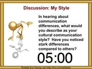 Discussion: My Style
In hearing about
communication
differences, what would
you describe as your
cultural communication
style? Have you noticed
stark differences
compared to others?
Rosetta Eun Ryong Lee (http://tiny.cc/rosettalee)
 