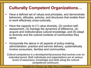 Culturally Competent Organizations…
 Have a defined set of values and principles, and demonstrate
behaviors, attitudes, policies, and structures that enable them
to work effectively cross-culturally.
 Have the capacity to (1) value diversity, (2) conduct self-
assessment, (3) manage the dynamics of difference, (4)
acquire and institutionalize cultural knowledge, and (5) adapt
to diversity and the cultural contexts of communities they
serve.
 Incorporate the above in all aspects of policy-making,
administration, practice and service delivery, systematically
involve consumers, families and communities.
Cultural competence is a developmental process that evolves over an
extended period. Both individuals and organizations are at various
levels of awareness, knowledge and skills along the cultural
competence continuum.
Rosetta Eun Ryong Lee (http://tiny.cc/rosettalee)
 