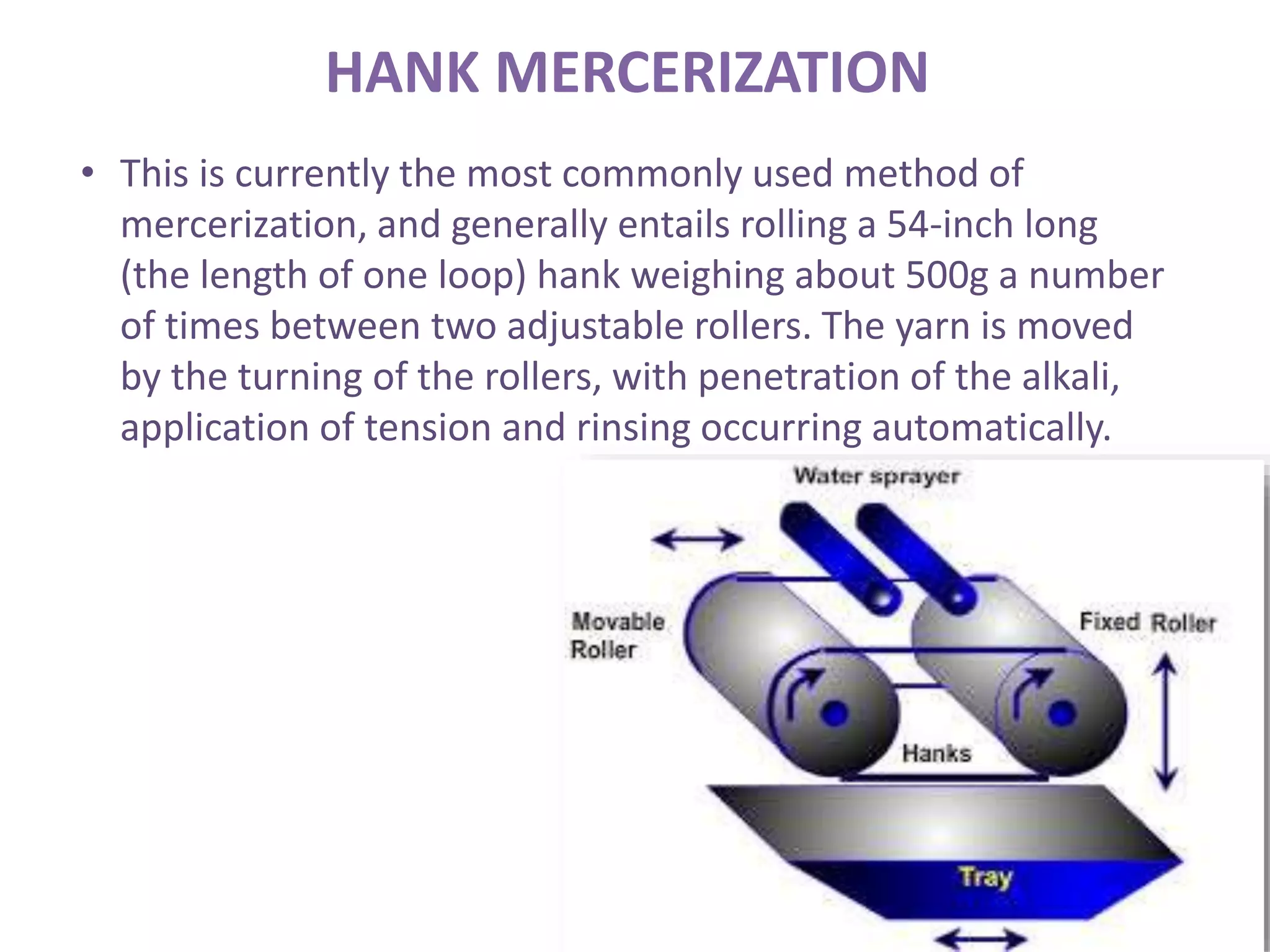 HANK MERCERIZATION
• This is currently the most commonly used method of
mercerization, and generally entails rolling a 54-inch long
(the length of one loop) hank weighing about 500g a number
of times between two adjustable rollers. The yarn is moved
by the turning of the rollers, with penetration of the alkali,
application of tension and rinsing occurring automatically.
 