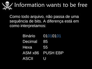 Como todo arquivo, não passa de uma
sequência de bits. A diferença está em
como interpretamos:

       Binário    01010101
       Decimal    85
       Hexa       55
       ASM x86    PUSH EBP
       ASCII      U
 