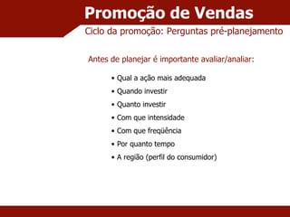 Promoção de Vendas Ciclo da promoção: Perguntas pré-planejamento Antes de planejar é importante avaliar/analiar: Qual a ação mais adequada Quando investir Quanto investir Com que intensidade Com que freqüência Por quanto tempo A região (perfil do consumidor) 