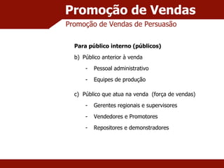 Promoção de Vendas Promoção de Vendas de Persuasão Para público interno (públicos) Público anterior à venda Pessoal administrativo Equipes de produção Público que atua na venda  (força de vendas) Gerentes regionais e supervisores Vendedores e Promotores Repositores e demonstradores 
