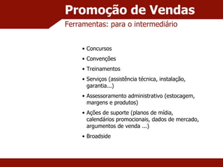 Promoção de Vendas Ferramentas: para o intermediário Concursos Convenções Treinamentos Serviços (assistência técnica, instalação, garantia...) Assessoramento administrativo (estocagem, margens e produtos) Ações de suporte (planos de mídia, calendários promocionais, dados de mercado, argumentos de venda ...) Broadside 
