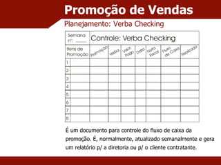 Promoção de Vendas Planejamento: Verba Checking É um documento para controle do fluxo de caixa da promoção. É, normalmente, atualizado semanalmente e gera um relatório p/ a diretoria ou p/ o cliente contratante. 