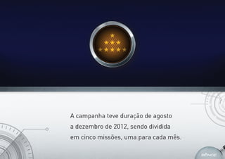 A campanha teve duração de agosto
a dezembro de 2012, sendo dividida
em cinco missões, uma para cada mês.
 