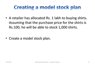 1/2/2018 Retailing Management - Swapna Pradhan 37
• A retailer has allocated Rs. 1 lakh to buying shirts.
Assuming that the purchase price for the shirts is
Rs.100, he will be able to stock 1,000 shirts.
• Create a model stock plan.
 