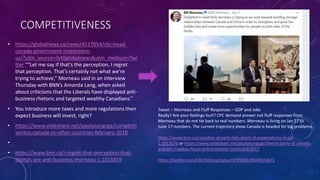 COMPETITIVENESS
• https://globalnews.ca/news/4117054/rbc-head-
canada-government-investment-
us/?utm_source=%40globalnews&utm_medium=Twi
tter ““Let me say if that’s the perception, I regret
that perception. That’s certainly not what we’re
trying to achieve,” Morneau said in an interview
Thursday with BNN’s Amanda Lang, when asked
about criticisms that the Liberals have displayed anti-
business rhetoric and targeted wealthy Canadians.”
• You introduce more taxes and more regulations then
expect business will invest, right?
• https://www.slideshare.net/paulyoungcga/competiti
veness-canada-vs-other-countries-february-2018
•
• https://www.bnn.ca/i-regret-that-perception-that-
liberals-are-anti-business-morneau-1.1015819
Tweet – Morneau and Fluff Responses – GDP and Jobs
Really? Are your feelings hurt? CPC demand answer not fluff responses from
Morneau that do not tie back to real numbers. Morneau is living on Jan 17 to
June 17 numbers. The current trajectory show Canada is headed for big problems.
https://www.bnn.ca/canadian-growth-falls-short-of-expectations-in-q4-
1.1015676 or https://www.slideshare.net/paulyoungcga/liberal-party-of-canada-
and-pm-trudeau-fiscal-and-economic-scorecard-2017
https://twitter.com/CBCPolitics/status/978598228944924672
 