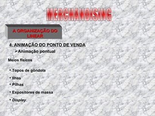 4. ANIMAÇÃO DO PONTO DE VENDA MERCHANDISING A ORGANIZAÇÃO DO LINEAR Animação pontual Meios físicos Topos de gôndola Ilhas Pilhas Expositores de massa Display 
