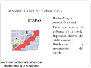 DESARROLLO DEL MERCHANDISING
1. Merchandising de
presentación o visual
Tiene en cuenta el
ambiente de la tienda,
disposición interna del
establecimiento,
distribución y
presentación del
surtido.
ETAPAS
www.mercadeoclarauribe.com
Mucho más que Mercadeo
 