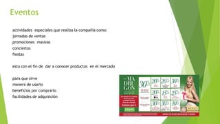 Eventos
actividades especiales que realiza la compañía como:
jornadas de ventas
promociones masivas
conciertos
fiestas
esto con el fin de dar a conocer productos en el mercado
para que sirve
manera de usarlo
beneficios por comprarlo
facilidades de adquisición
 