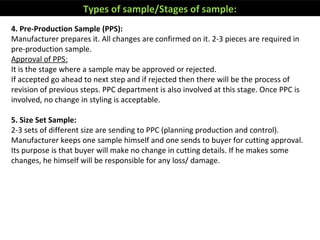 4. Pre-Production Sample (PPS):
Manufacturer prepares it. All changes are confirmed on it. 2-3 pieces are required in
pre-production sample.
Approval of PPS:
It is the stage where a sample may be approved or rejected.
If accepted go ahead to next step and if rejected then there will be the process of
revision of previous steps. PPC department is also involved at this stage. Once PPC is
involved, no change in styling is acceptable.
5. Size Set Sample:
2-3 sets of different size are sending to PPC (planning production and control).
Manufacturer keeps one sample himself and one sends to buyer for cutting approval.
Its purpose is that buyer will make no change in cutting details. If he makes some
changes, he himself will be responsible for any loss/ damage.
Types of sample/Stages of sample:
 