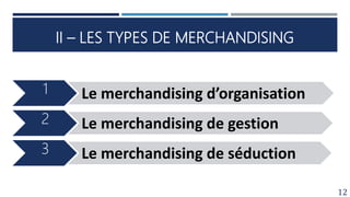 II – LES TYPES DE MERCHANDISING
12
1 Le merchandising d’organisation
2 Le merchandising de gestion
3 Le merchandising de séduction
 