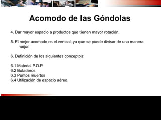 Acomodo de las Góndolas
4. Dar mayor espacio a productos que tienen mayor rotación.

5. El mejor acomodo es el vertical, ya que se puede divisar de una manera
     mejor.

6. Definición de los siguientes conceptos:

6.1 Material P.O.P.
6.2 Botaderos
6.3 Puntos muertos
6.4 Utilización de espacio aéreo.
 