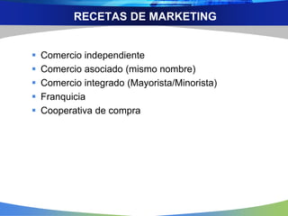 RECETAS DE MARKETING
 Comercio independiente
 Comercio asociado (mismo nombre)
 Comercio integrado (Mayorista/Minorista)
 Franquicia
 Cooperativa de compra
 