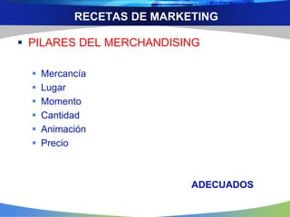 RECETAS DE MARKETING
 PILARES DEL MERCHANDISING
 Mercancía
 Lugar
 Momento
 Cantidad
 Animación
 Precio
ADECUADOS
 
