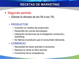 RECETAS DE MARKETING
 Segundo periodo
 (Desde la década de los 50 a los 70)
 PRODUCTOR
• Inversión en medios de producción.
• Desarrollo de nuevas tecnologías.
• Utilización de técnicas de investigación comercial y
marketing.
• Se fabrica el producto que el consumidor demanda.
 COMERCIO
• Necesidad de hacer grandes inversiones.
• Aparece la venta en libre servicio.
• Incremento de la competencia.
 