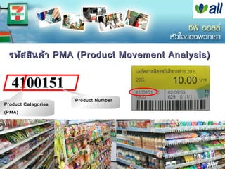 รหัส สิน ค้า PMA ( Product Movement Analysis )


     4100151
                                Product Number
  Product Categories
  (PMA)




วิพ ธ อ่อ งสกุล คณะบริห ารธุร กิจ สถาบัน บัณ ฑิต พัฒ นบริห ารศาสตร์
    ุ                                © Viput Ongsakul, Ph.D. Graduate School of Business Adminis
 