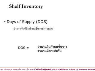 Shelf Inventory

    •   Days of Supply (DOS)
              จำานวนวันที่สินค้าบนชั้นวางจะหมดลง




                  DOS =               จำานวนสินค้าบนชั้นวาง
                                      จำานวนที่ขายต่อวัน




วิพ ธ อ่อ งสกุล คณะบริห ารธุร กิจ สถาบัน บัณ ฑิต พัฒ นบริห ารศาสตร์
    ุ                                © Viput Ongsakul, Ph.D. Graduate School of Business Adminis
 