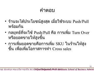 คำาตอบ

     • ร้านจะได้ประโยชน์สงสุด เมื่อใช้ระบบ Push/Pull
                            ู
       พร้อมกัน
     • กลยุทธ์ที่จะใช้ Push/Pull คือ การเพิ่ม Turn Over
       หรือยอดขายให้สูงขึ้น
     • การเพิ่มยอดขายคือการเพิ่ม SKU ในร้านให้สูง
       ขึ้น เพื่อเพิ่มโอกาสการทำา Cross sales



                                                                                          33
วิพ ธ อ่อ งสกุล คณะบริห ารธุร กิจ สถาบัน บัณ ฑิต พัฒ นบริห ารศาสตร์
    ุ                                © Viput Ongsakul, Ph.D. Graduate School of Business Adminis
 