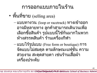 การออกแบบภายในร้าน
         • พื้นที่ขาย (selling area)
              – แบบทางวน (loop or racetrack) ทางเข้าออก
                อาจมีหลายทาง ลูกค้าสามารถเดินวนเพื่อ
                เลือกซื้อสินค้า รูปแบบนี้ใช้กันมากในพวก
                ห้างสรรพสินค้า ร้านเครื่องกีฬา
              – แบบไร้รูปแบบ (Free form or boutique) การ
                จัดแบบไม่สมดุล ตามลักษณะแฟชัน ความ่
                สวยงาม สะดุดสายตา เช่นร้านเสื้อผ้า
                เครื่องประดับ
                                                                                          49
วิพ ธ อ่อ งสกุล คณะบริห ารธุร กิจ สถาบัน บัณ ฑิต พัฒ นบริห ารศาสตร์
    ุ                                © Viput Ongsakul, Ph.D. Graduate School of Business Adminis
 