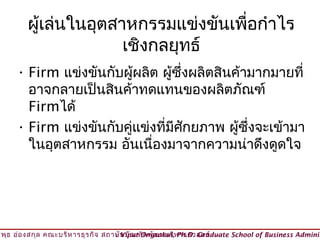 ผู้เล่นในอุตสาหกรรมแข่งขันเพื่อกำาไร
                       เชิงกลยุทธ์
     • Firm แข่งขันกับผูผลิต ผู้ซึ่งผลิตสินค้ามากมายที่
                          ้
       อาจกลายเป็นสินค้าทดแทนของผลิตภัณฑ์
       Firmได้
     • Firm แข่งขันกับคูแข่งที่มีศักยภาพ ผูซึ่งจะเข้ามา
                        ่                   ้
       ในอุตสาหกรรม อันเนื่องมาจากความน่าดึงดูดใจ




วิพ ธ อ่อ งสกุล คณะบริห ารธุร กิจ สถาบัน บัณ ฑิต พัฒ นบริห ารศาสตร์
    ุ                                © Viput Ongsakul, Ph.D. Graduate School of Business Adminis
 