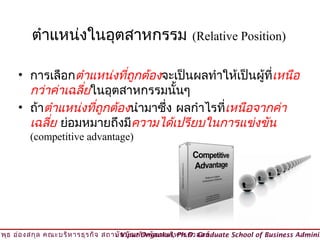 ตำาแหน่งในอุตสาหกรรม                           (Relative Position)


      • การเลือกตำาแหน่งที่ถกต้องจะเป็นผลทำาให้เป็นผู้ที่เหนือ
                            ู
        กว่าค่าเฉลี่ยในอุตสาหกรรมนันๆ
                                    ้
      • ถ้าตำาแหน่งทีถกต้องนำามาซึง ผลกำาไรที่เหนือจากค่า
                      ่ ู         ่
        เฉลี่ย ย่อมหมายถึงมีความได้เปรียบในการแข่งขัน
         (competitive advantage)




วิพ ธ อ่อ งสกุล คณะบริห ารธุร กิจ สถาบัน บัณ ฑิต พัฒ นบริห ารศาสตร์
    ุ                                © Viput Ongsakul, Ph.D. Graduate School of Business Adminis
 